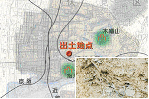 The location of Fushimi Castle and the site where the gilt gold tiles were unearthed (The photo shows the excavation site.)
